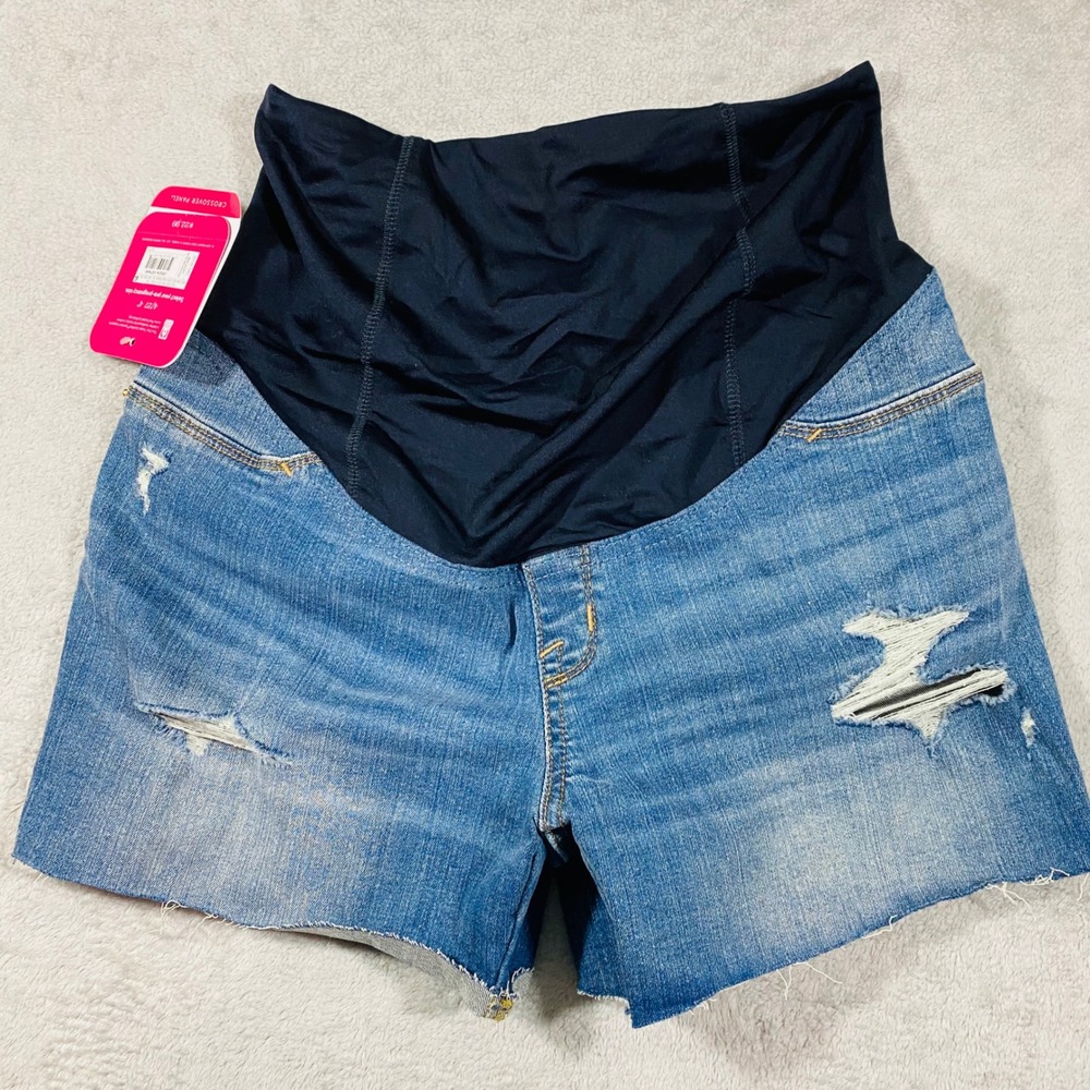 Isabel Maternity Midi Shorts Womens 4/27 Blue Distressed Crossover Panel Denim